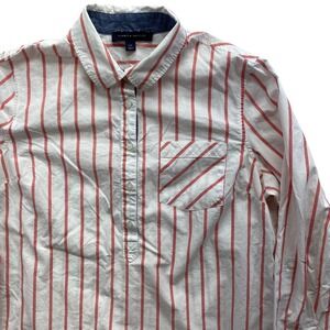 Tommy Hilfiger Striped Popover Shirt Womens Large Long Sleeve Roll Tab Red White